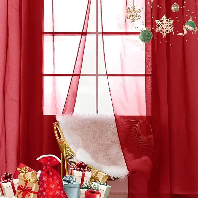 SpaceDresser Sheer Voile Window Treatment Rod Pocket Curtain Panels for Kitchen Bedroom Living Room Drapes Sunlight Filtering Privacy Semi Home Decor Assorted Colors Sizes (Christmas Red, 52 W x 90 L)