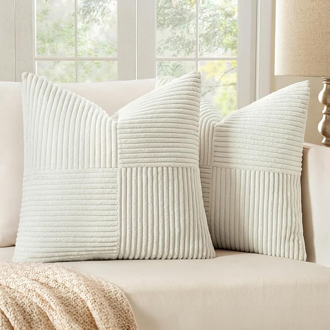 MIULEE White Decorative Throw Pillow Covers 20x20 Inch for Couch Bed Sofa Pack of 2 Boho Farmhouse Throw Pillows Soft Cross Corduroy Patchwork Textured Cushion Cases