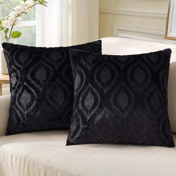 decorUhome Throw Pillow Covers 16x16 Inch Set of 2, Soft Plush Faux Wool Black Solid Couch Pillow Covers, Accent Farmhouse Neutral Square Pillow Cases for Sofa Bed Living Room