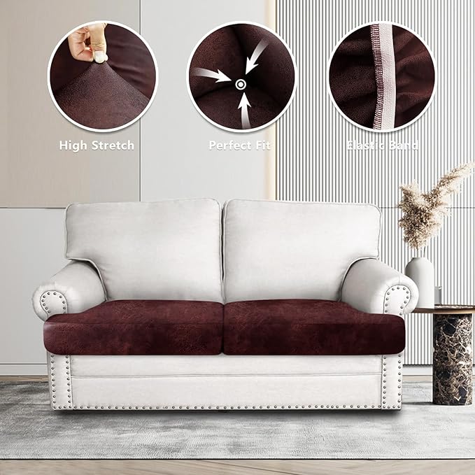 Leather Look Couch Cushion Covers Sofa Seat Slipcovers Sets Couches Furniture Protector for Sectional Armchair Loveseat Pets Kids Stretch Spandex Fabric (2 T-Cushion Loveseat, Burgundy)