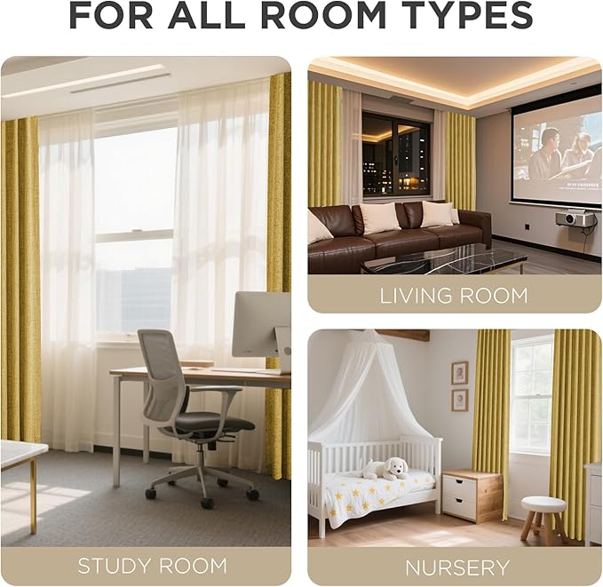 Joydeco Linen Blackout Curtains for Bedroom - 100% Light Blocking 1 Panels, Yellow Drapes 100" W x 84" L, Thermal Insulated Room Darkening Curtains for Living Room, Rod Pocket & Back Tabs