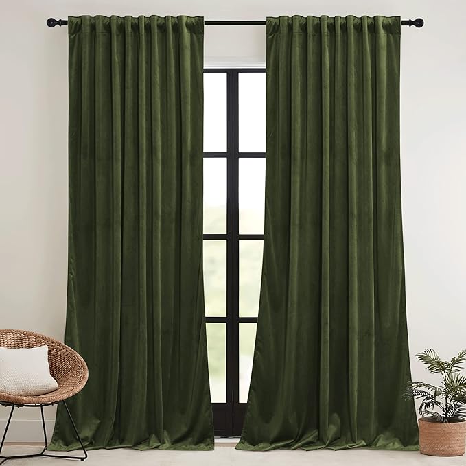 RYB HOME Green Velvet Curtains 84 inch, Solid Room Darkening Window Curtains for Living Room Light & Draft Block Privacy Backdrop with Pleat Tape Pocket& Tabs, Olive Green, W52 x L84 inch, 2 Panels