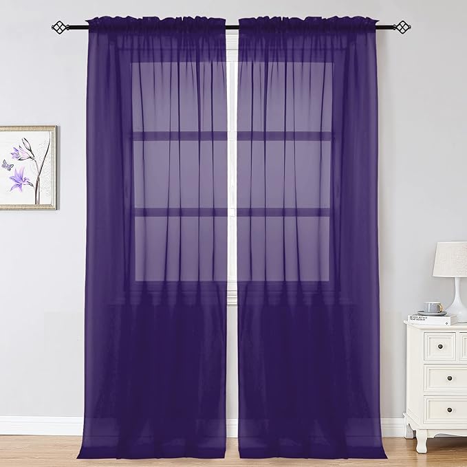 OWENIE Purple Sheer Curtains 96 Inch Length, Elegant Sheer Curtains for Bedroom, Window Voile Sheer Curtain Panels/Drapes/Treatment for Living Room, 2Pcs, Each 42" W x 96" L