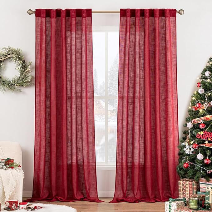 MIULEE Burgundy Red Linen Curtains 96 Inch Long for Bedroom Living Room, Soft Thick Linen Textured Window Drapes Semi Sheer Light Filtering Rod Pocket Back Tab Christmas Burlap Look, 2 Panels