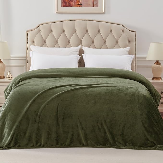 Exclusivo Mezcla Fleece Blankets Queen Size for Bed, Super Soft and Warm, All Season, Cozy, Plush, Lightweight, 90x90 Inches, Olive Green