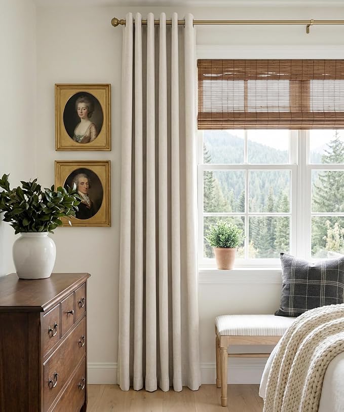 100% Blackout Shield Linen Blackout Curtains for Bedroom, Beige Grommet Curtains for Living Room, Thermal Insulated Room Darkening Drapes for Nursery, Boho Home Decor, 50" W x 96" L, 2 Panels