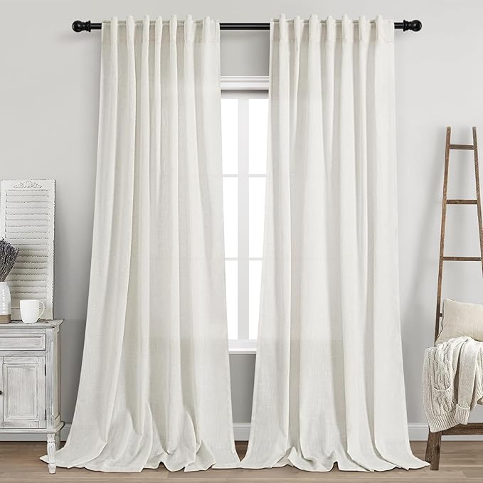 Nanspring Beige White Linen Curtains 102 Inches Long Rod Pocket Back Tab Drapes 2 Panels Set for Living Room Light Filtering Semi Sheer Beige White Curtain 102 Length for Patio Door Bedroom 52x102
