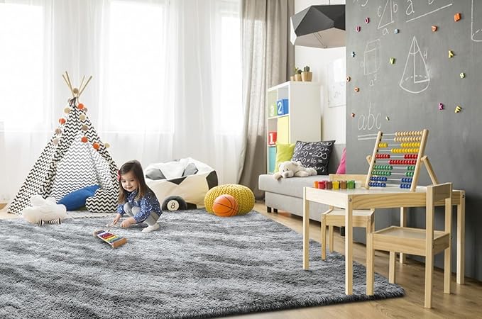 TWINNIS Super Soft Shaggy Rugs Fluffy Carpets, 6x9 Feet, Indoor Modern Plush Area Rugs for Living, Bed Room Kids Room Nursery Home Decor, Upgrade Anti-Skid Rectangular Fuzzy Rug, Grey Black
