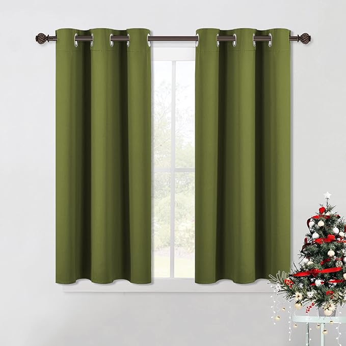NICETOWN Bedroom Curtain Panels Blackout Draperies, Thermal Insulated Solid Grommet Blackout Drapes for Christmas Decoration (1 Pair, 42 by 45-Inch, Olive Green)
