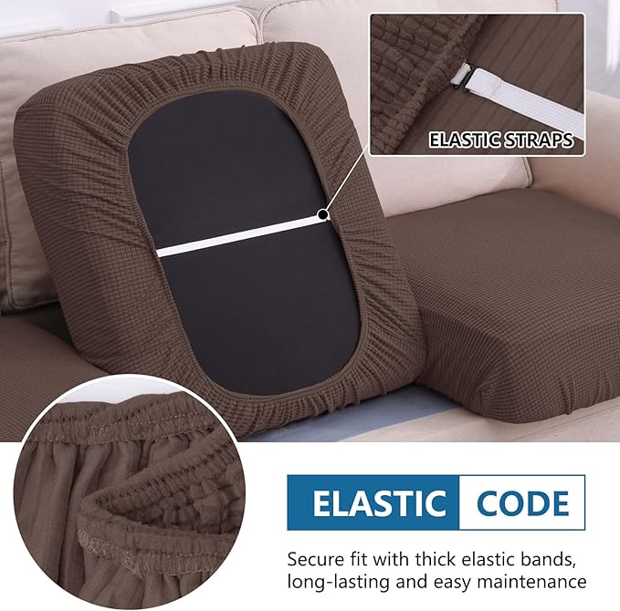 hyha Waterproof Couch Cushion Covers, Sectional Sofa Cushion Slipcovers L Shape, Thick Stretch Jacquard Fabric, Washable Chaise Lounge Cover with Elastic Bottom (1 Piece for Chaise, Brown)