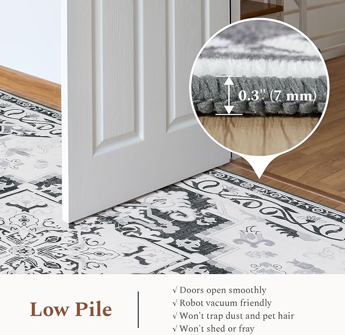 Rugflix 6x9 Area Rug for Living Room, Machine Washable Area Rugs with Non-Slip Backing, Large Soft Boho Vintage Rug for Bedroom, Dining Room, Low Pile Carpet, Kids Pet Friendly, Grey