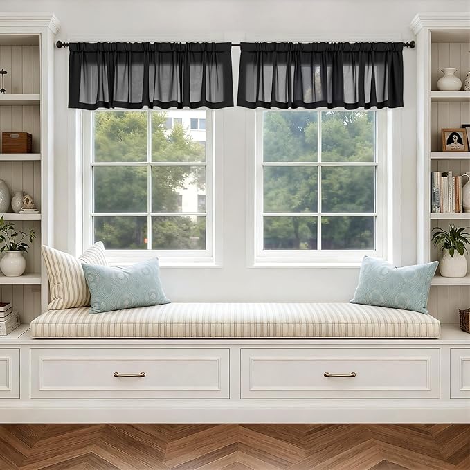 MIULEE Black Valance for Windows, 4 Panels Set, Light Filtering Small Short Valance Sheer Curtains for Living Room/Bedroom/Bathroom/Basement, 42W x 14 Inches