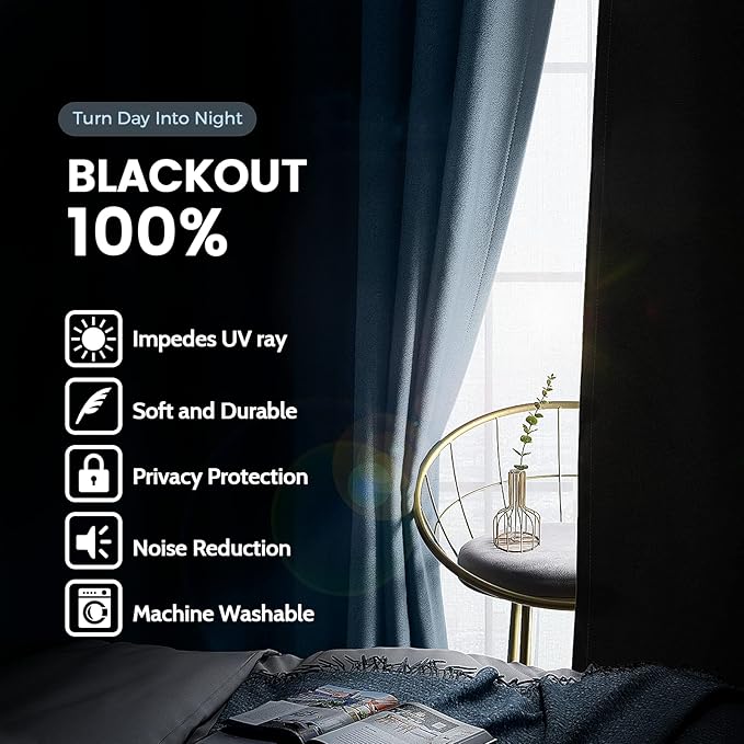 SimpleHome 100% Blackout Curtains for Bedroom,Thermal Insulated Grommet Window Drapes Room Darkening Stone Blue Curtains for Living Room with Black Back,52 x 96 Inch,2 Panels