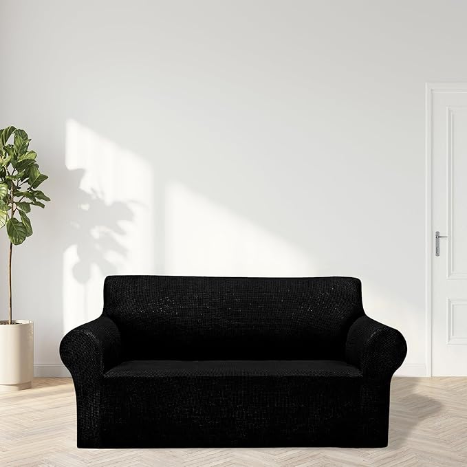 Cupuamon 2026 New Stretch Loveseat Sofa Slipcovers Couch Cover for 2 Cushion Furniture Protector Sofa Covers with Elastic Bottom Jacquard Fabric Small Checks for Pets, Kids - Black