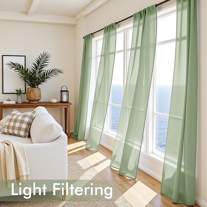 MIULEE Sage Green Sheer Curtains 72 Inches Long, 4 Panels Set, Light Filtering Rod Pocket Voile Drapes Window Treatments, Semi Transparent Airy Fabric for Bedroom and Living Room, 42 x 72 Inches