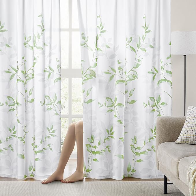 HOMEIDEAS Non-See-Through Sage Green and White Privacy Sheer Curtains 52 X 63 Inch Length 2 Panels, Leaf Floral Printed Light Filtering Semi Sheer Window Curtains Drapes for Bedroom Living Room
