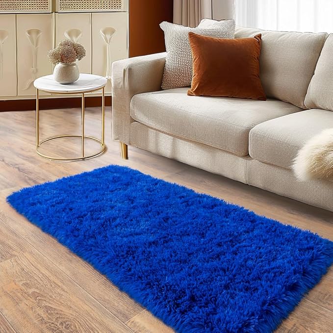 Soft Runner Rugs for Bedroom Hallways, 2x4 Royal Blue Fluffy Shag Throw Area Rug Non Slip for Bedside Dorm, Long Shaggy Furry Carpet for Nursery Living Room