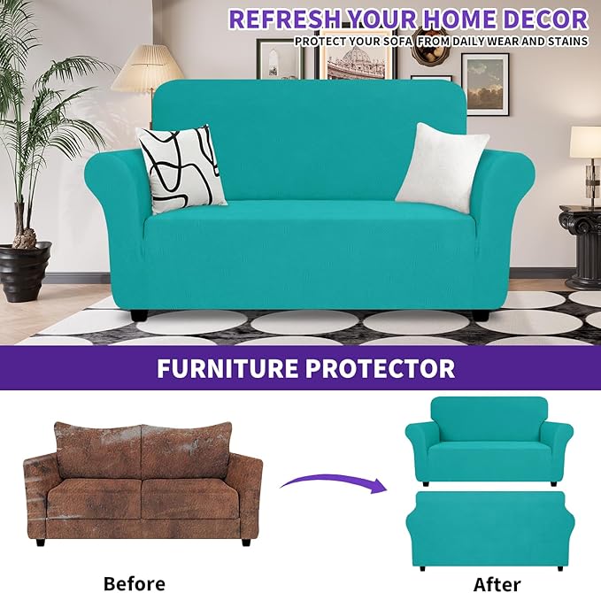 ZNSAYOTX Super Stretch Loveseat Covers (57"-70"), New Striped Love Seat Slipcover, Dogs Pet Friendly Anti-Slip Couch Protector Spandex Durable 2 Seater Fabric Sofa Cover (Peacock Teal, Loveseat)