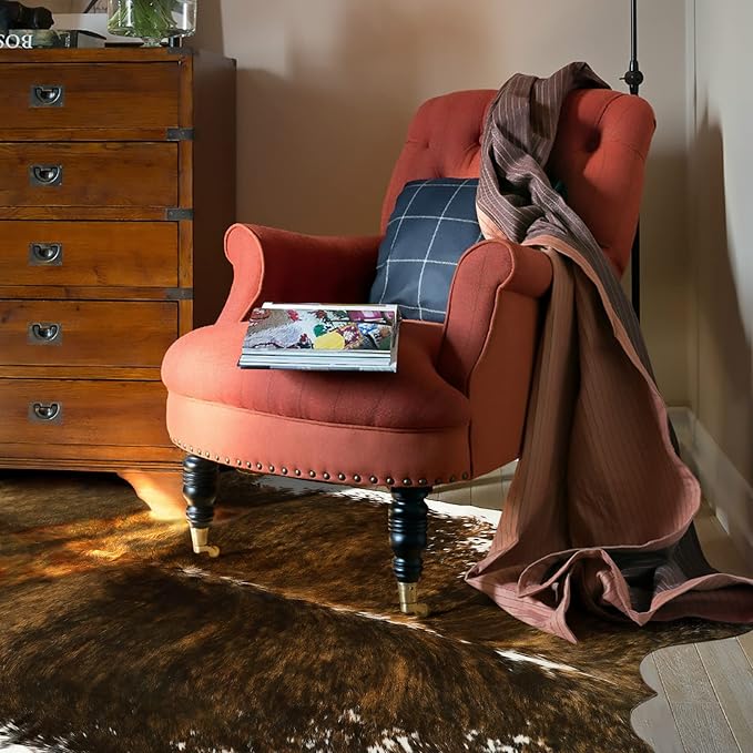 AROGAN Faux Cow Print Rug Large (4ft x 3ft) - Cow Print Area Rug with No-Slip Backing, Large Animal Skin Rugs for Living Room, Offfice, Room Decor, Saddle Brown