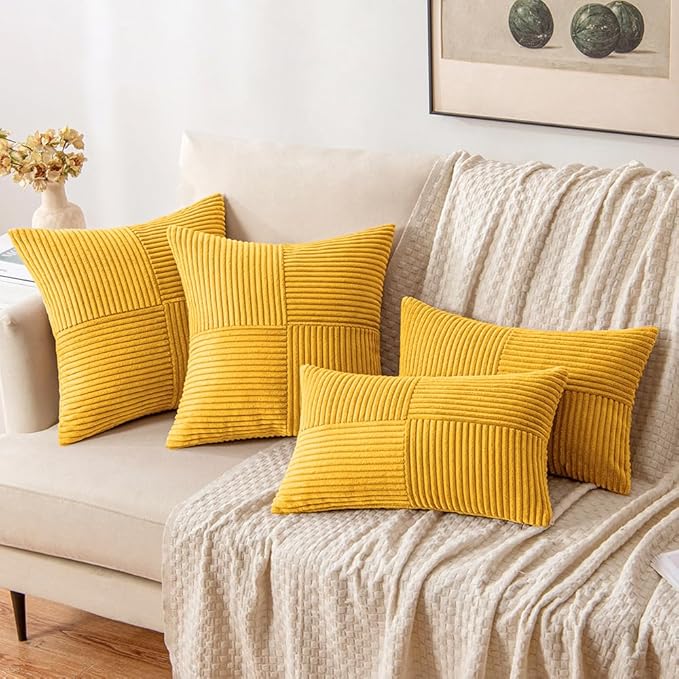 MIULEE Mustard Yellow Decorative Throw Pillow Covers 16x16 Inch for Couch Bed Sofa Pack of 2 Boho Farmhouse Throw Pillows Soft Cross Corduroy Patchwork Textured Cushion Cases