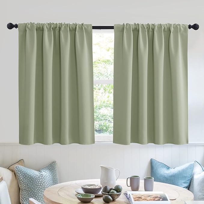 RYB HOME Short Blackout Curtains for Small Window, Sunmmer Heat Light Blocking Privacy Protection Curtains for Sunroom Laundry Room Stair Window, Width 52 by Length 36, Sage Green, Set of 2