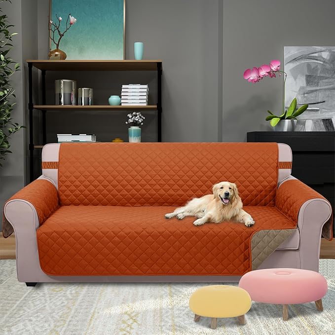 U-NICE HOME Large Sofa Cover Reversible Couch Cover for Dogs with Elastic Straps Water Resistant Furniture Protector for Pets Couch Cover for 4 Cushion Couch (Oversized Sofa, Orange/Taupe)