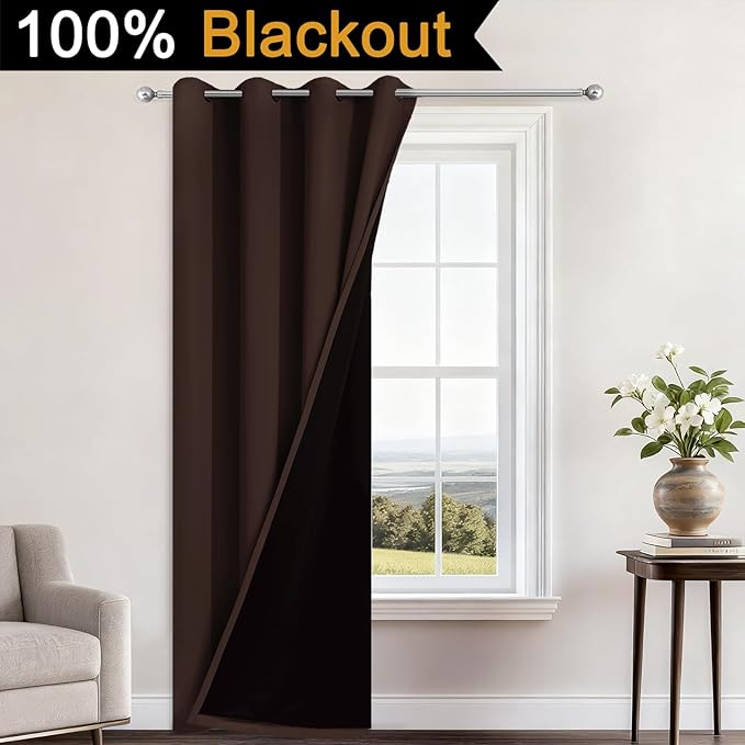 Yakamok 100% Blackout Curtains 84 Inches Long, 2 Thick Layers Heat and Full Light Blocking Soft Thermal Insulated Drapes for Bedroom(52" Wide Each Panel, Chocolate Brown, 1 Panel)