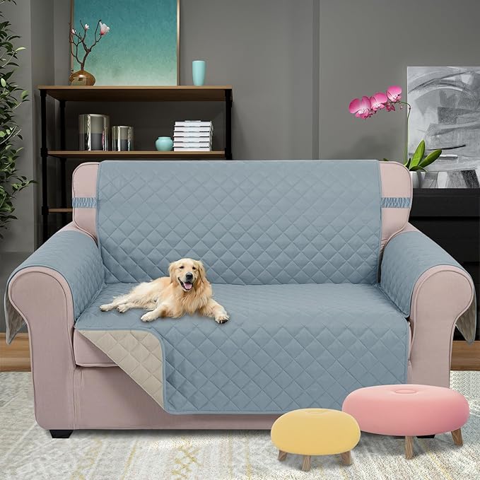U-NICE HOME Loveseat Sofa Cover Reversible Couch Cover for Dogs Pets with Elastic Straps Water Resistant Furniture Protector for 2 Cushion Couch (Loveseat, Light Blue/Beige)