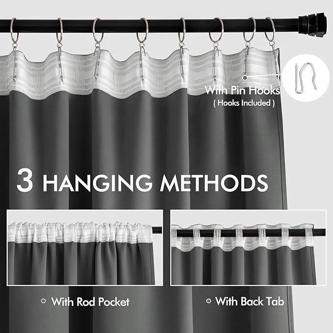 MIULEE Grey Back Tab Blackout Curtains 72 Inch Length 2 Panels Set for Living Room Bedroom Privacy, Rod Pocket/Pinch Pleat Thermal Insulated Room Darkening Pleated Light Blocking Drapes