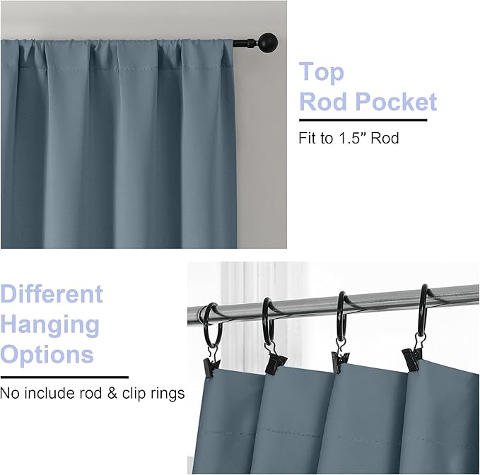 Simplebrand Ava Stone Blue Blackout Curtains for Bedroom 63 Inch Length 2 Panels, Solid Thermal Insulated Energy Saving Rod Pocket Window Treatment Curtains Blackout Drapes, W40 x L63 Inch, Stone Blue