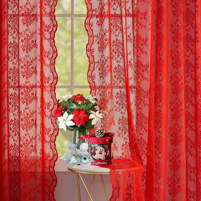 YJ YANJUN Vintage Lace Curtains 45 Inch Length Victorian Floral Pattern Red Sheer Curtain Panels for Living Room Bedroom,Light Filtering, Xmas Gift for Holiday Decor 2 Panels 52W x 45L