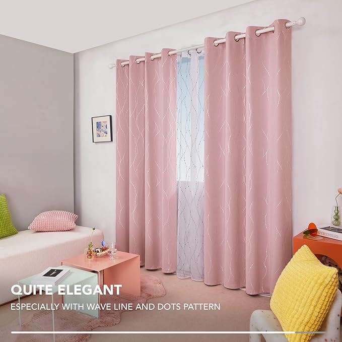 Deconovo Pink Blackout Curtains for Bedroom, Thermal Insulated Soundproof Pravicy Curtain, Silver Wave Dots Print, 52 x 84 Inch Long, Machine Washable Window Panels for Kids Room Nursery, Set of 2