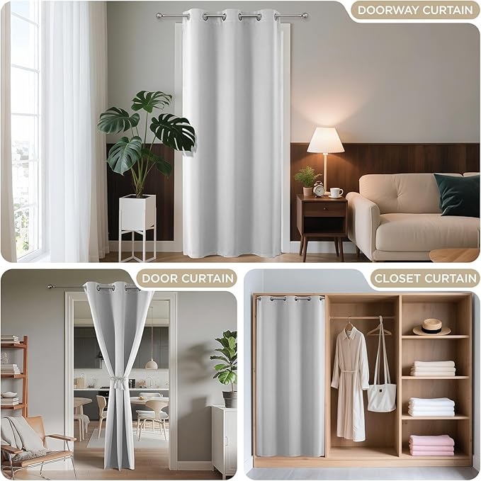 Joydeco Blackout Door Curtain for Doorway Privacy 80 Inches Long, Grommet Closet Curtain for Open Closet, Room Divider for Bedroom Living Room (Greyish White, 32Wx80L, 1 Panel)