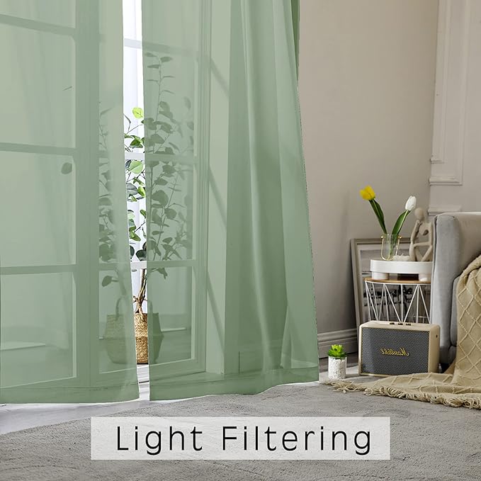 OWENIE Short Sage Green Sheer Curtains 24 Inches Long 2 Panels for Bathroom Window, Rod Pocket Light Filtering Sheer Tier Curtains for Small Kitchen Laundry Room, RV, Camper Travel Trailers, 42W x 24L
