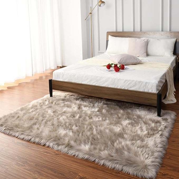 LOCHAS Soft Fluffy Faux Fur Rugs for Bedroom Bedside Rug 3x5 Feet, Washable, Furry Sheepskin Area Rug for Living Room Girls Room, Luxury Shag Carpet Home Decor, Beige