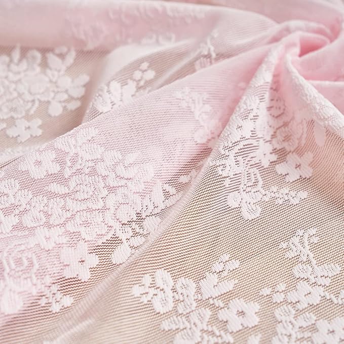YJ YANJUN Vintage Lace Curtains 63 Inches Length- Cute Sheer Pink Curtains for Girls Bedroom Light Pink Floral Short Window Drapes Princess Girls Room Coquette Decor 2 Panels 52 x63 Inch