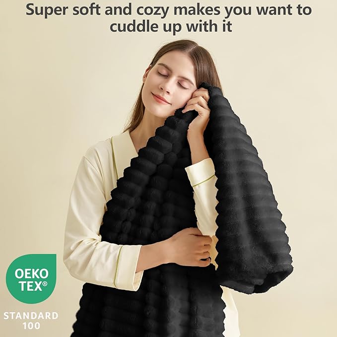 HIMEET Black Ribbed Twin Blanket for Bed - 300GSM Lightweight Soft Fleece Blanket for Men Women, Cozy Blankets Graduation Birthday Gifts, Striped Spring Home School Dorm Decor, Black, 60x80 Inches