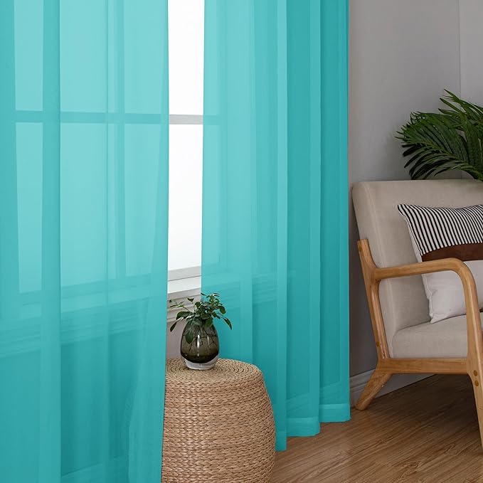 Chyhomenyc Turquoise Sheer Curtains 45 Inch Long 2 Panels, Light Filtering Rod Pocket Voile Short Curtains Drapes for Living Room Bedroom Small Windows, 42Wx45L Inches