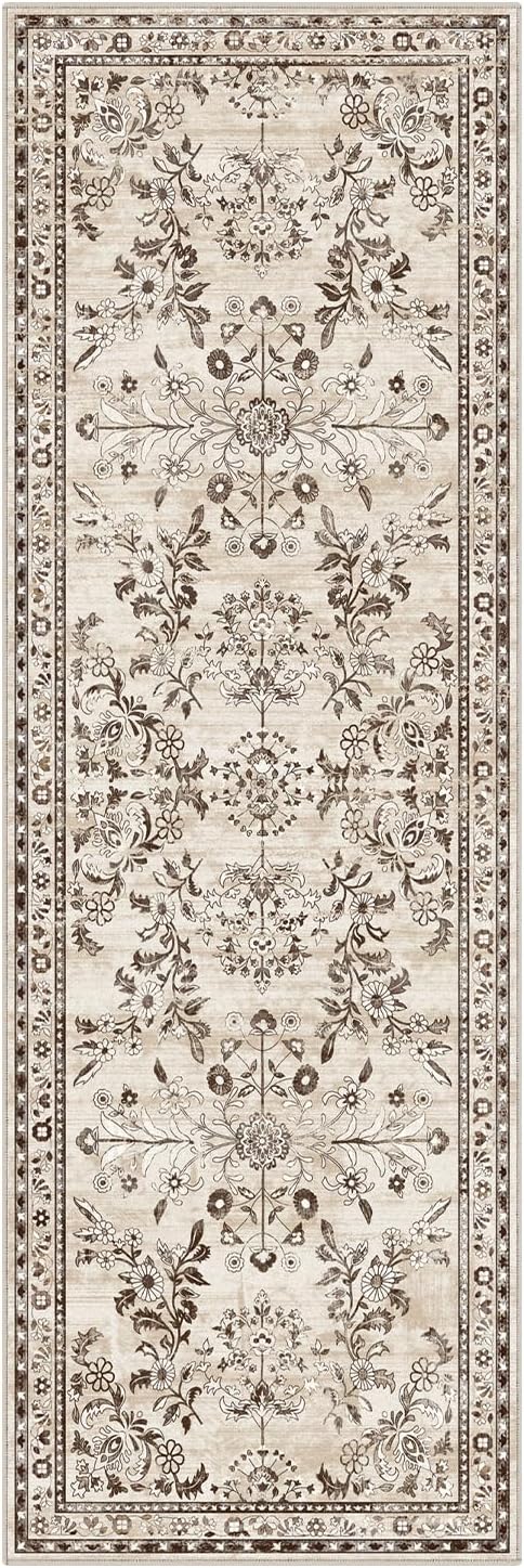 Yamaziot Washable Runner Rug 2x6 – Non Slip Boho Floral Hallway Runner Rug with Rubber Backing, Low Pile Faux Wool Distressed Carpet for Kitchen, Laundry, Bedroom, Entrance, Brown
