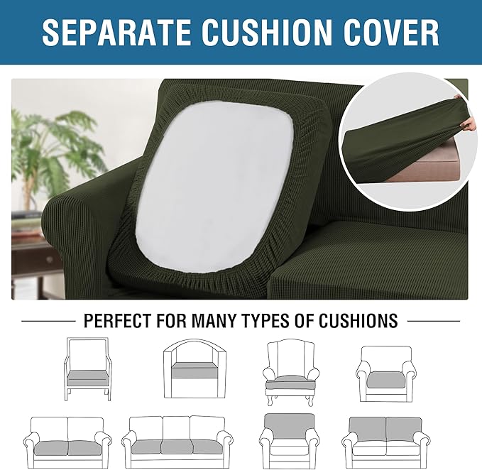 H.VERSAILTEX 4 Piece Stretch Sofa Covers for 3 Cushion Couch Covers for Living Room Furniture Slipcovers (Base Cover Plus 3 Seat Cushion Covers) Thicker Jacquard Fabric (Large Sofa, Olive)