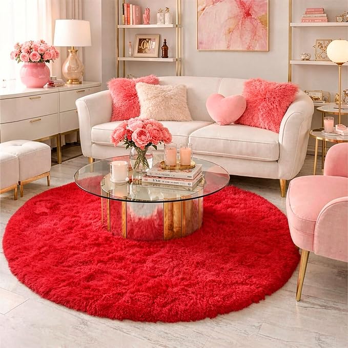 Amdrebio Red Round Rug 5Ft for Boys Bedroom, Fluffy Fuzzy Circle Area Rugs for Kids Room Decor Aesthetic, Plush Shaggy Furry Carpet for Living Room Nursery Dorm Classroom, Shag Baby Teen Christmas Rug
