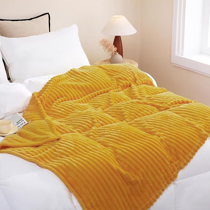 Mustard Yellow Fleece Throw Blanket 50”×60” for Couch Sofa Bed,Super Soft Cozy Plush Microfiber Flannel Blanket with Stripes Design Lightweight for Adults,Woman,Girls
