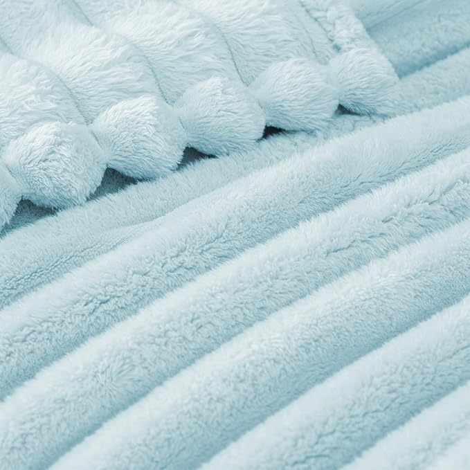 Exclusivo Mezcla Queen Size Flannel Fleece Blanket, Super Soft Striped Jacquard Bed Blanket, Lightweight Fuzzy Cozy for All Seasons, 90x90 Inches, Light Blue