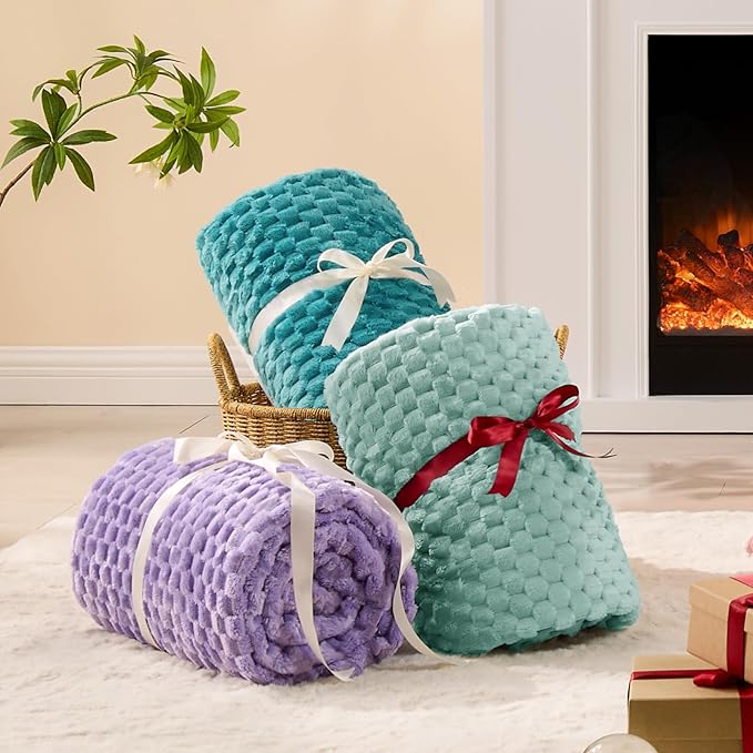 BEDELITE Fleece Throw - Twin Blanket for Bed Couch, 3D Jacquard Decorative Haze Blue, Soft Cozy Warm Plush Fuzzy Blanket for All Seasons, 60x80Inches