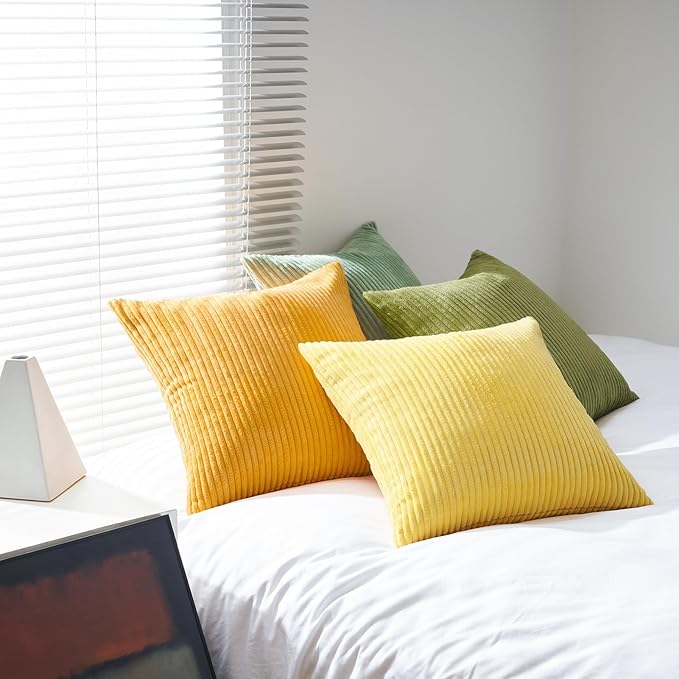 Topfinel Decorative Throw Pillow Covers 18x18 Inches Set of 4,Striped Corduroy Sage Green Yellow Color-Clash Design Cushion Cover,Pillow Case for Bedroom Couch Sofa Living Room,Summer Home Decor
