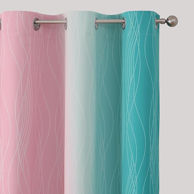 Estelar Textiler Pink and Teal Blackout Curtains for Living Room, Full Room Darkening Grommet Ombre Curtains for Bedroom, Thermal Insulated Light Blocking Gradient Drapes, 42Wx63L, 2 Panels