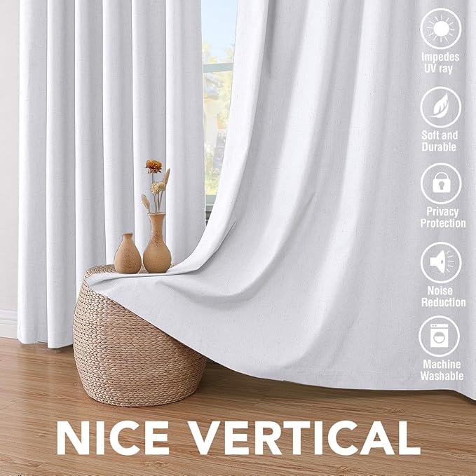 H.VERSAILTEX Primitive Linen Curtains 100% Blackout Curtain Drapes Burlap Curtains with White Thermal Insulated Liner, Grommet Top Drapes Living Room/Bedroom (2 Panels, 42 x 45 Inch, Bright White)