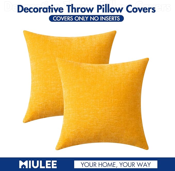 MIULEE Pack of 2 Couch Throw Pillow Covers 18x18 Inch Soft Goose Yellow Chenille Pillow Covers for Sofa Living Room Spring Home Decor Couch Solid Dyed Cases