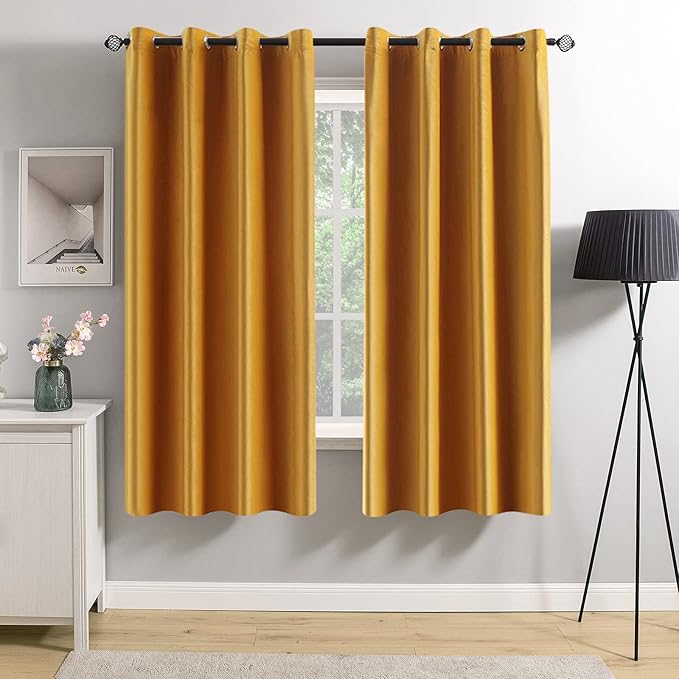 MIULEE 2 Panels Blackout Velvet Curtains Solid Soft Grommet Mustard Yellow Curtains Fall Thermal Insulated Soundproof Room Darkening Curtains/Drapes/Panels for Living Room Bedroom 52 x 63 Inch