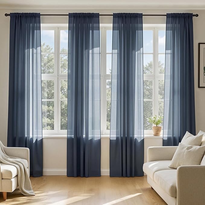 MIULEE Navy Blue Sheer Curtains 96 Inches Long, 4 Panels Set, Light Filtering Rod Pocket Voile Drapes Window Treatments, Semi Transparent Airy Fabric for Bedroom and Living Room, 54 x 96 Inches